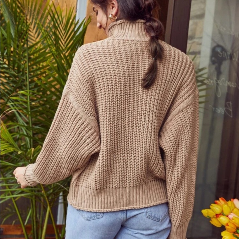 Cozy Turtleneck Knit Sweater Tan Oversized - Picture 2 of 3